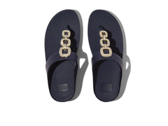 FitFlop Women's Fino Crystal-Chain Leather Toe-Post Sandals Wedge, Midnight Navy