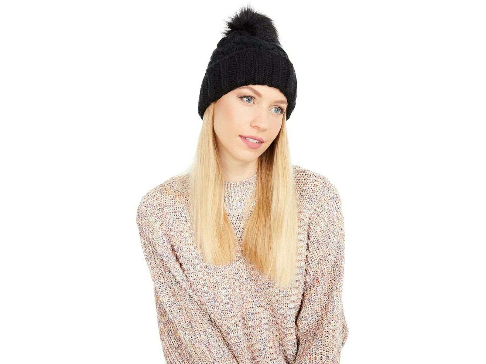 UGG Knit Cable Hat with Fur Pom- Black